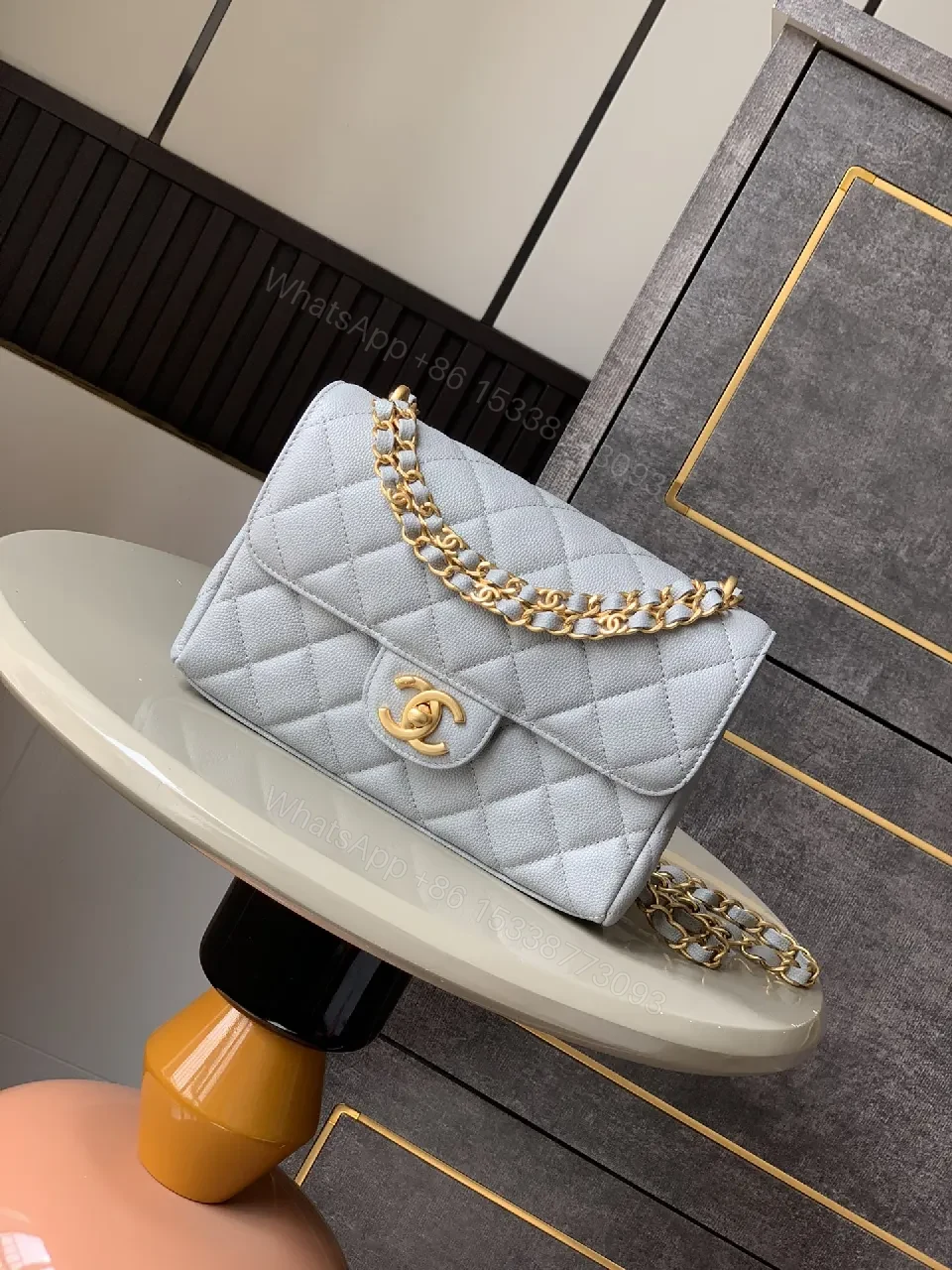 Gray Quilted Classic Bag with Gold Chain, Structured Silhouette — view 1