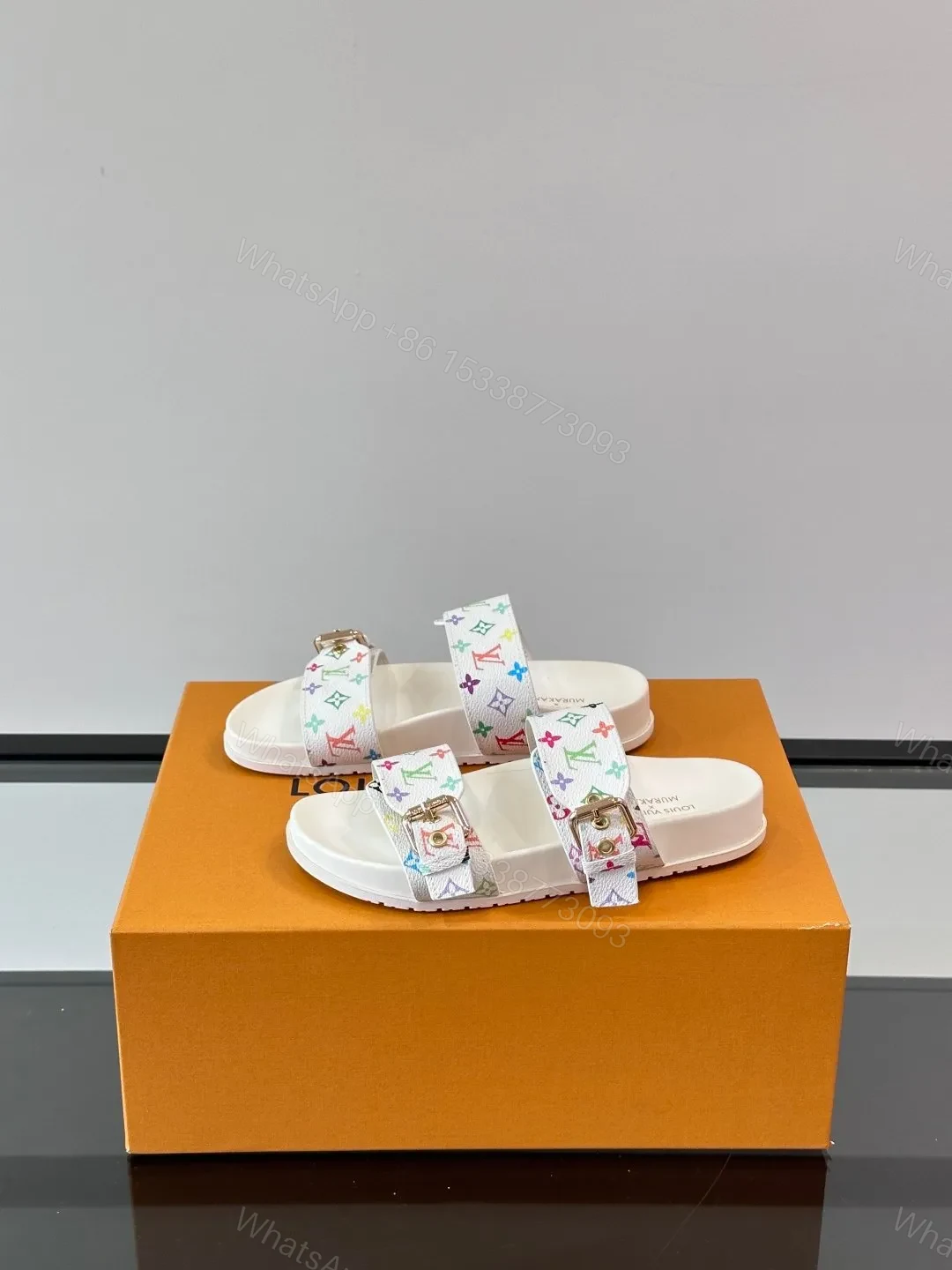 View 3 of LV Men White Multicolor Pattern Leather Sandals