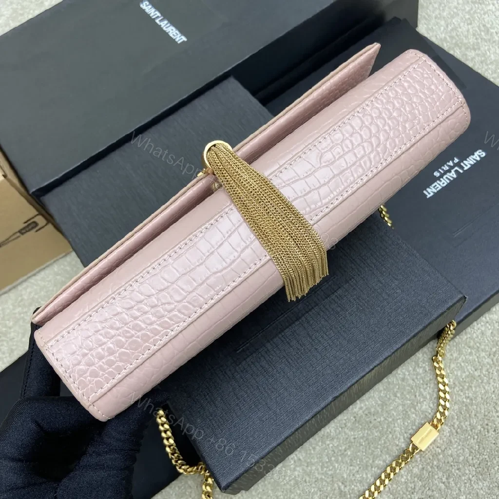 View 6 of Soft Pink Croc Leather Clutch with Gold Hardware