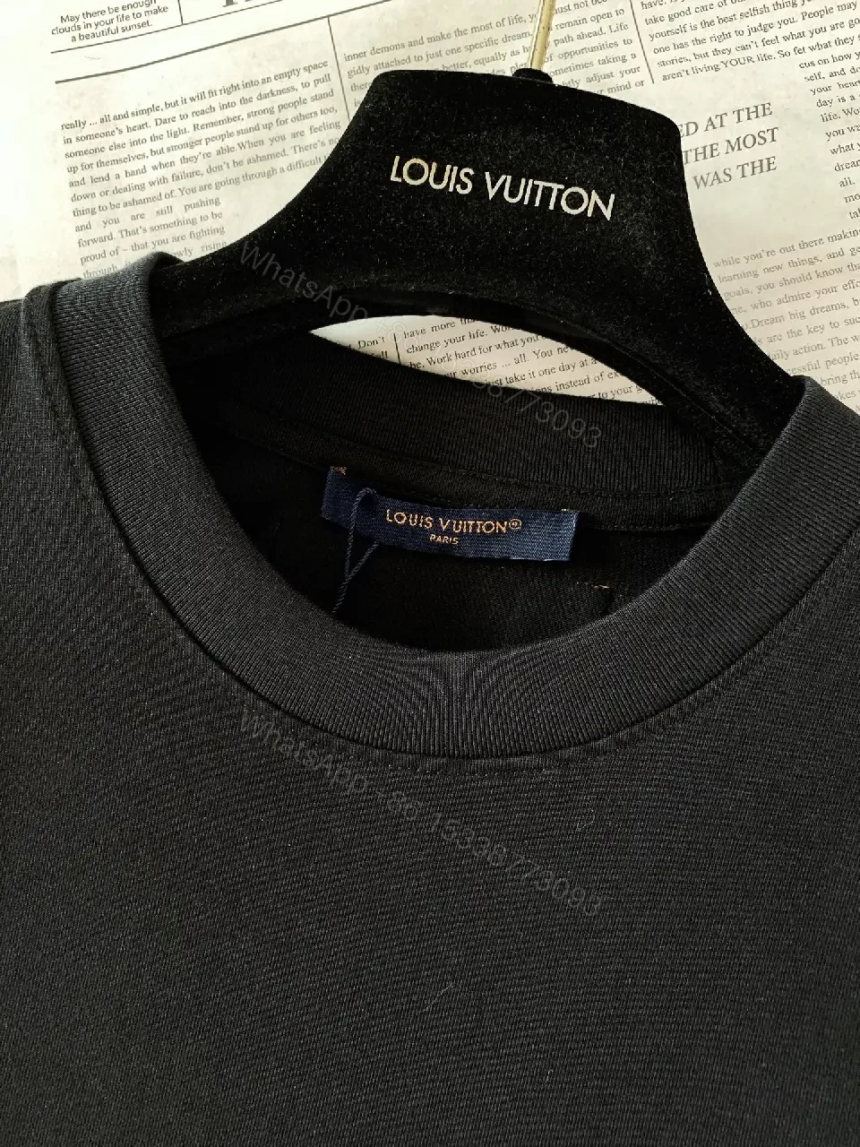 View 5 of Black Solid Cotton Tee, Relaxed Fit, LV Logo Chest Crewneck Shirt