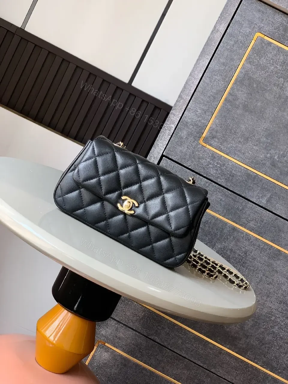 Quilted Calfskin Leather Shoulder Bag with Gold Chain — view 1