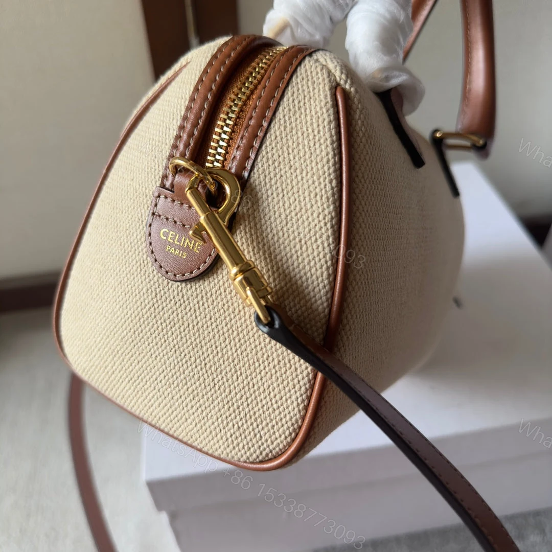 View 4 of CELINE SMALL BOSTON CUIR TRIOMPHE IN TEXTILE AND CALFSKIN TAN
