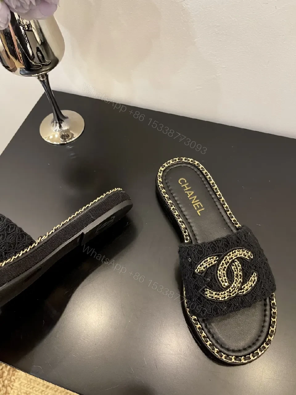 View 8 of Black Crochet Slide with Gold Chain Trim, Luxe Comfort