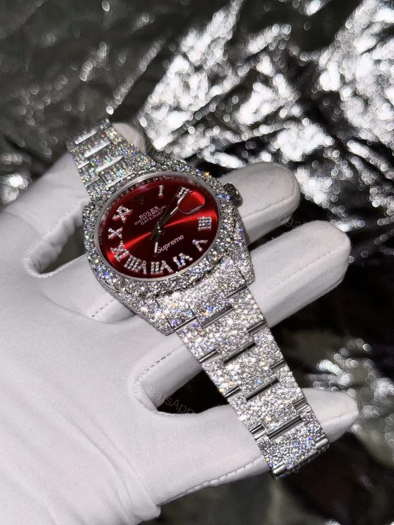 View 3 of Datejust Supreme 41mm Super Clone Red Dial Custom Moissanite Diamonds