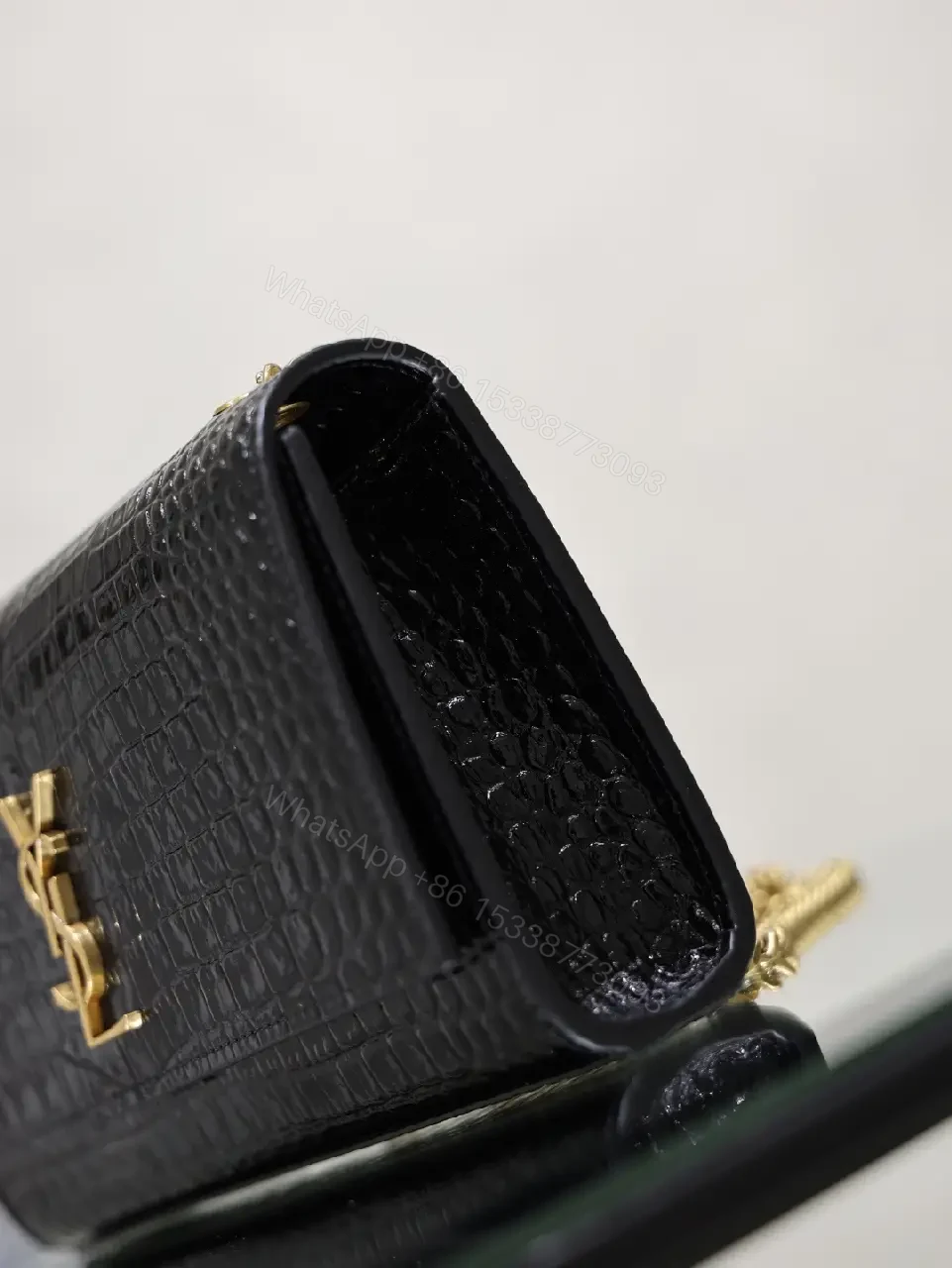 View 9 of Black Crocodile-Embossed Leather Mini Shoulder Bag with Gold YSL Logo