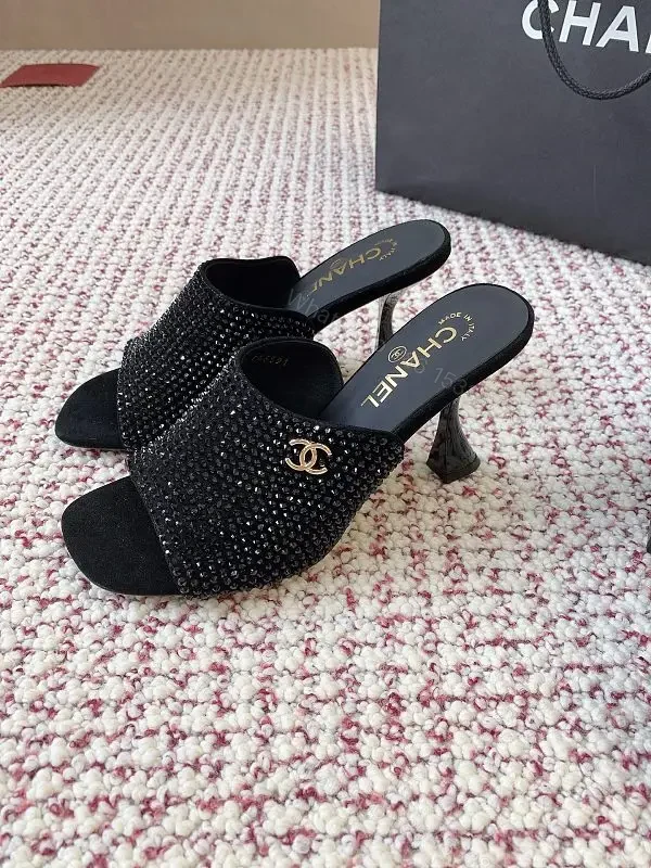 Black Velvet Crystal Dainty Mules with Chanel Logo Heels — view 1