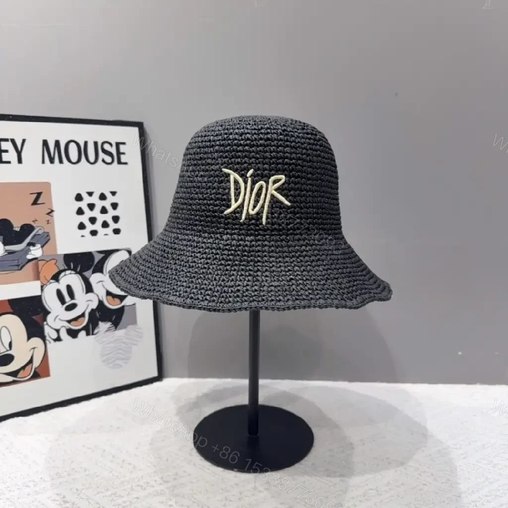 View 3 of Chic Straw Bucket Hat – Embroidered Logo, Breathable Style