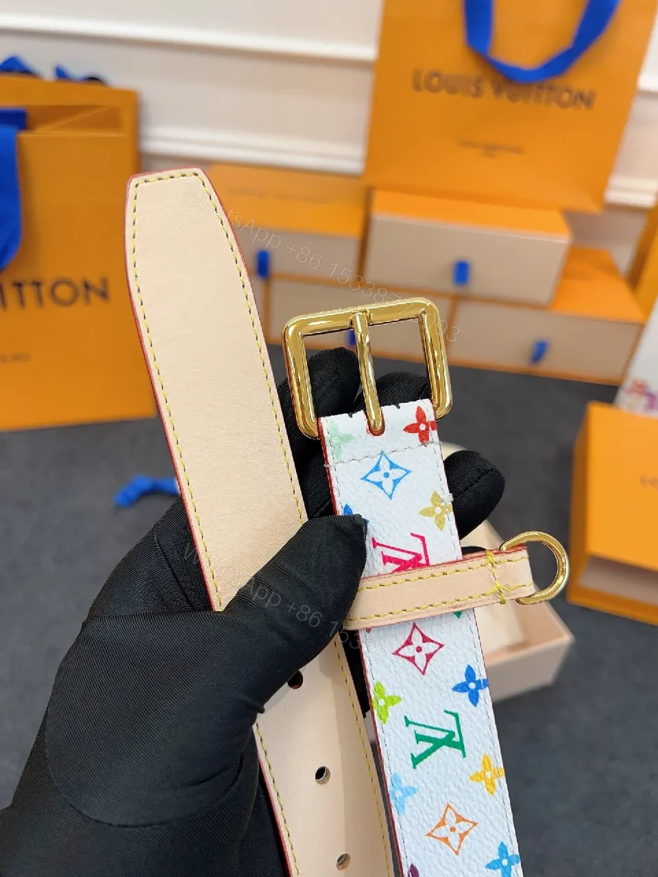 View 6 of Colorful Monogram Belt in Textured Leather with Gold Buckle