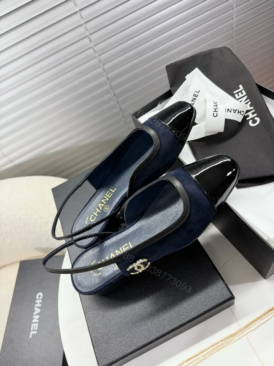 View 9 of Navy Velvet Mules with Patent Toe – Sleek Designer-Inspired Style