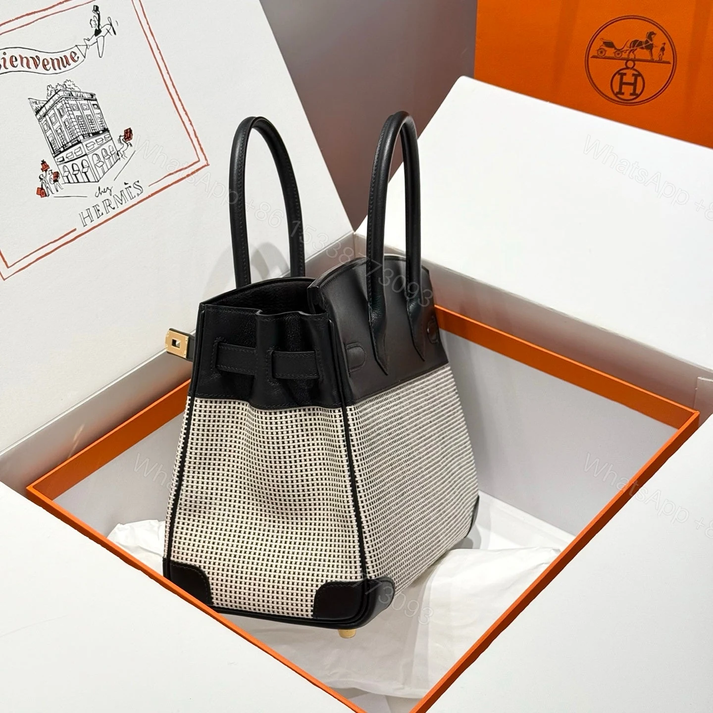 View 3 of HERMES BIRKIN 30CM IN BLACK SWIFT WHITE BLACK PLAID TOILE CANVAS