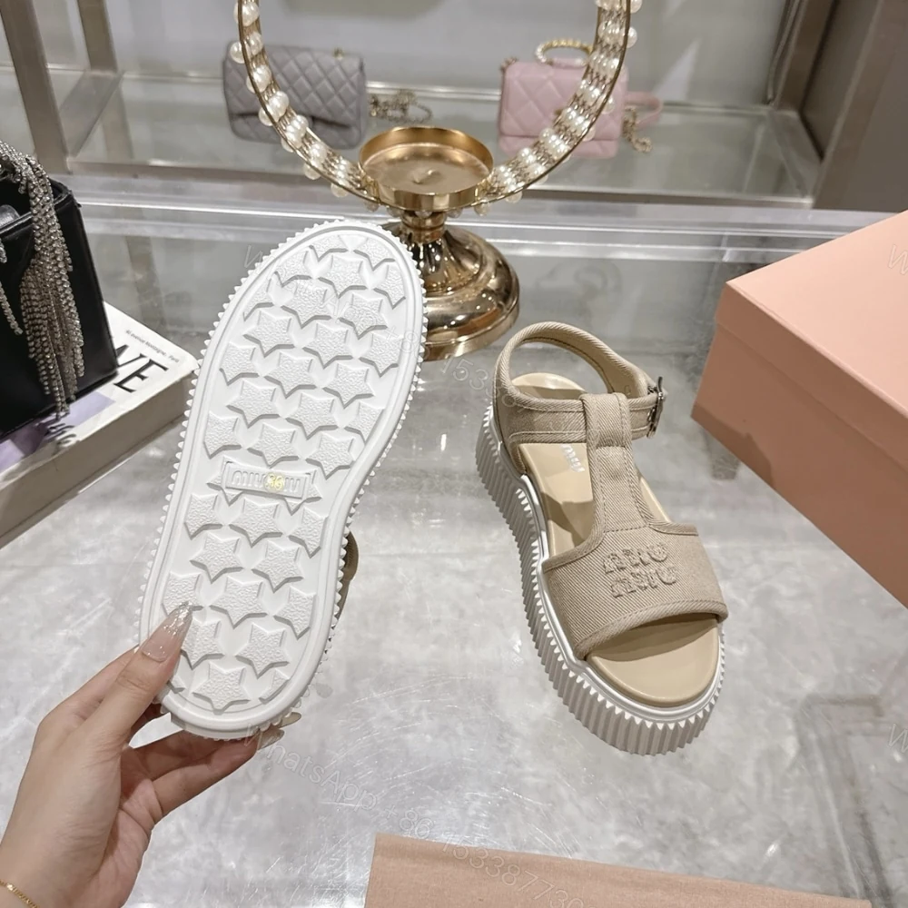 View 3 of MIUMIU DENIM FLATFORM SANDALS COLONIAL BEIGE 5X402E CSL F0044 F 045