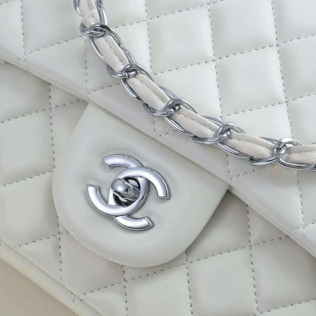 View 4 of CHANEL CLASSIC DOUBLE FLAP BAG WHITE SILVER HARDWARE 25CM