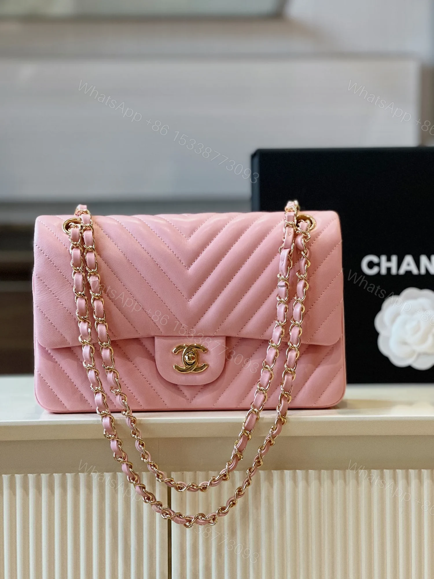 View 3 of Chanel Classic Handbags V-Pattern Pink Lock Gold 23cm
