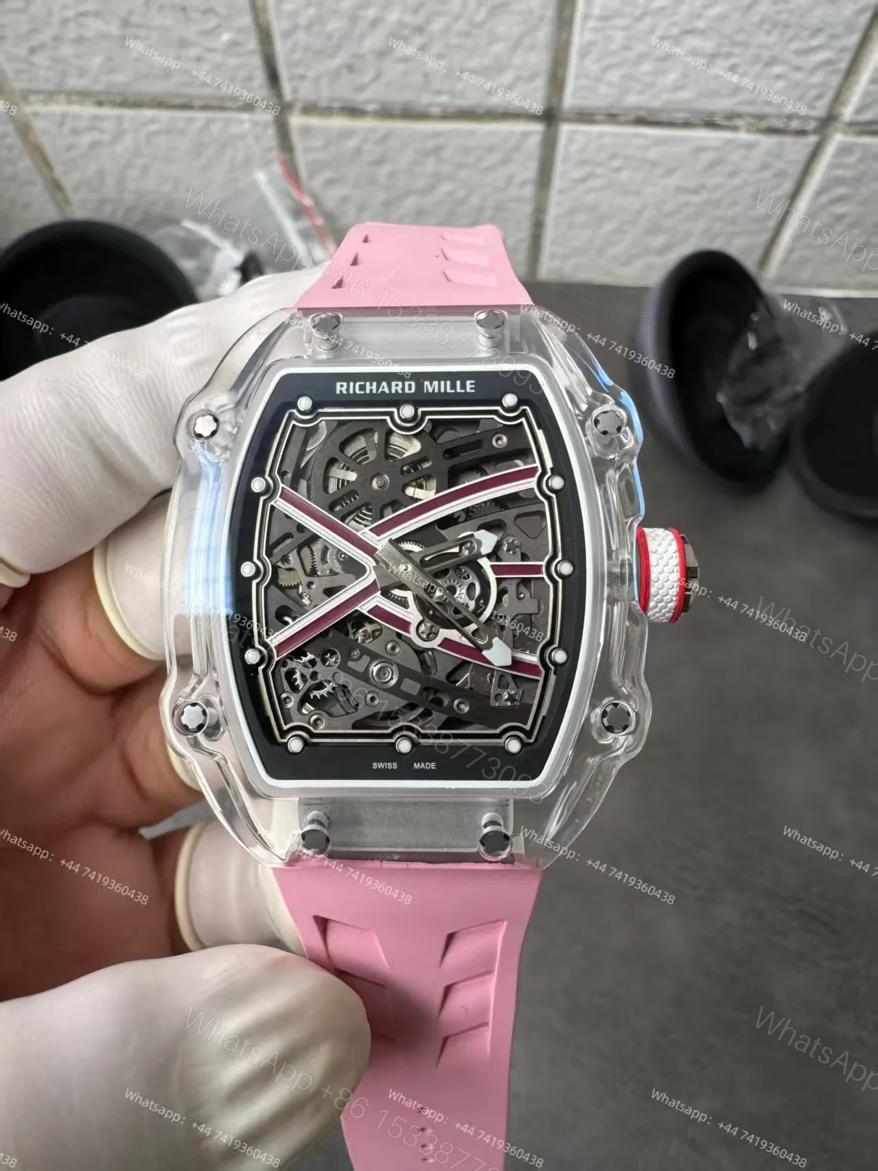 View 9 of Super Clone Richard Mille RM67-02 Sapphire Crystal Skeleton Tourbillon 1:1 Replica Watch with Pink Rubber Strap