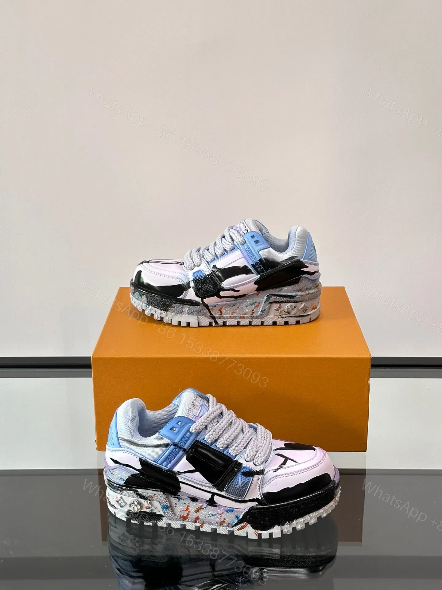 View 4 of LV Men Black White Blue Leather Sneakers