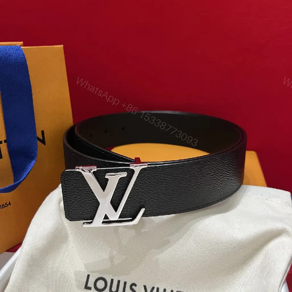View 2 of Black Pebbled Leather Belt with Silver LV Buckle