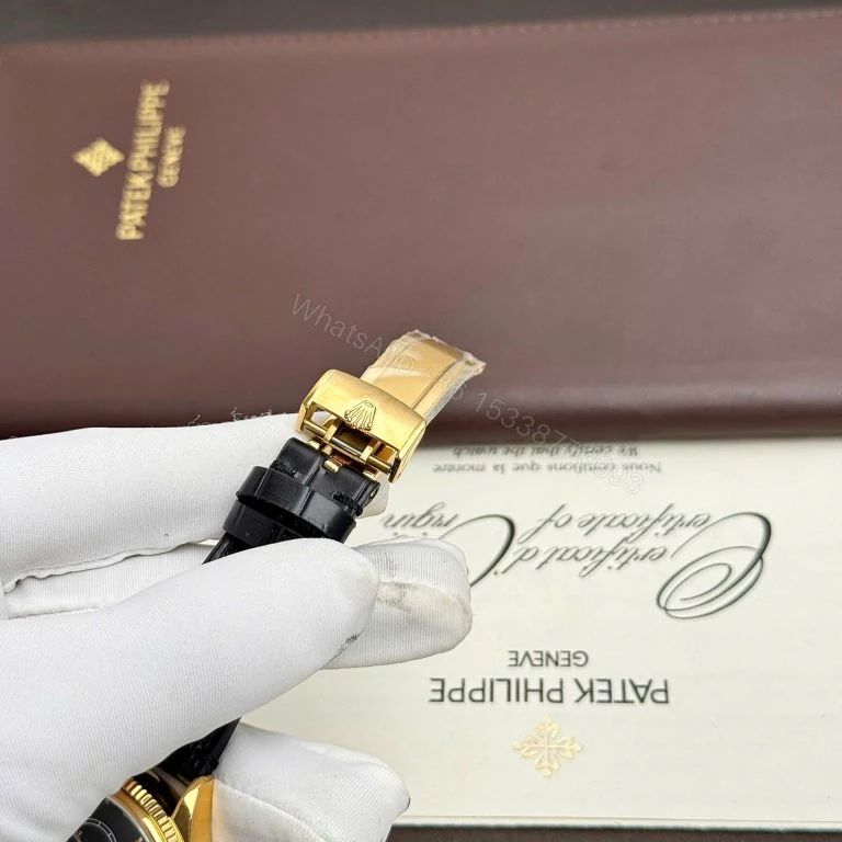 View 3 of Rolex Perpetual 1908 39mm Yellow Gold Black Dial Leather Strap Super Clone