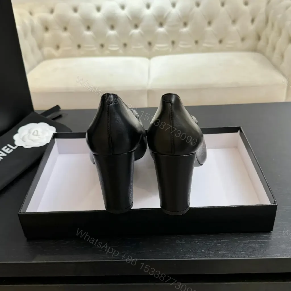 View 8 of Black Leather Heels with Iconic Hardware Emblem, Square-Toe, Block Heel