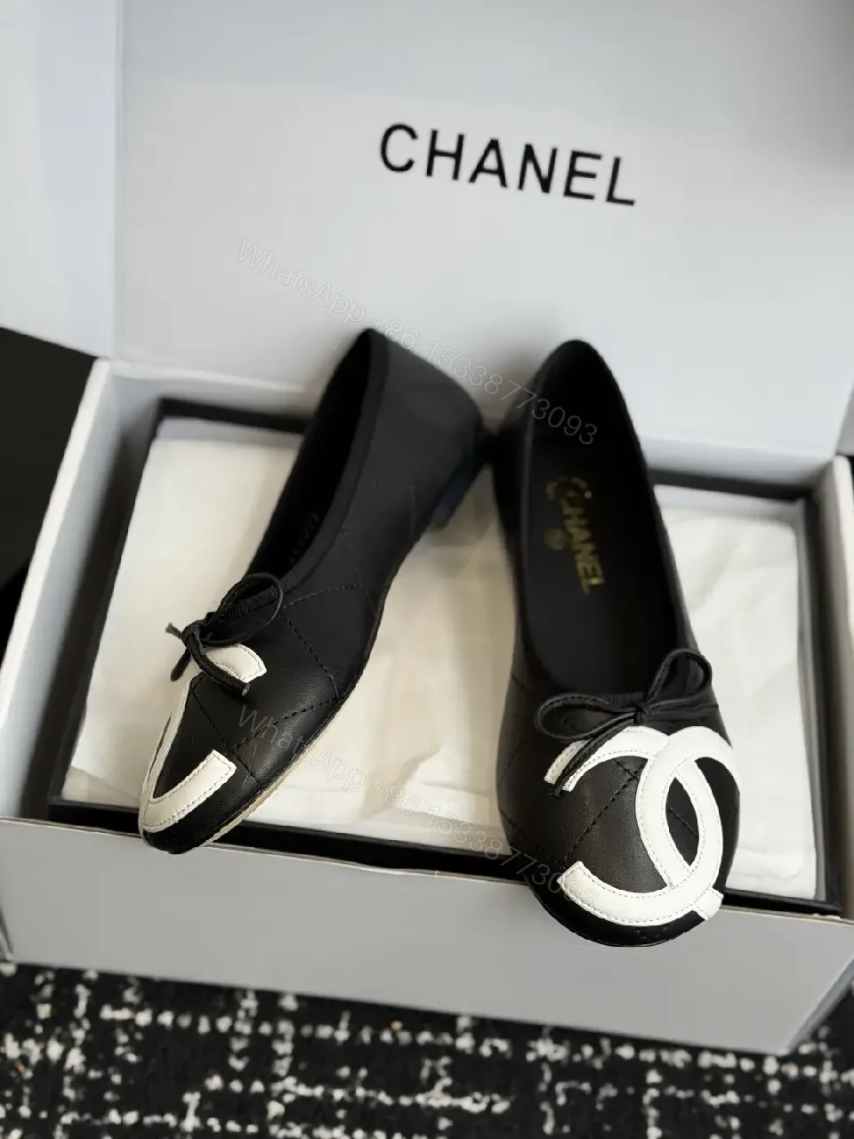 View 3 of Black White Leather Bow Ballet Flats, Classic Chanel Style, Flat Shoes