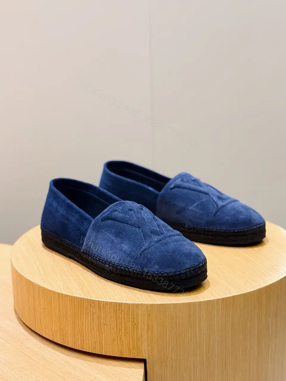 View 3 of Navy Suede LV-Embellished Slip-Ons: Quiet Comfort