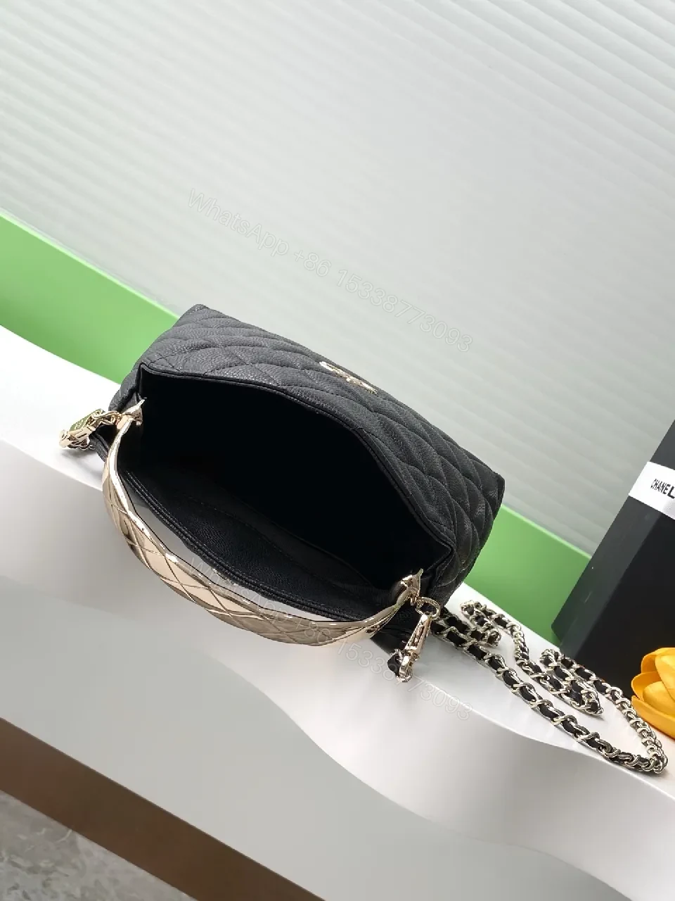View 6 of Quilted Black PU Bag with Gold Hardware, Crossbody Style
