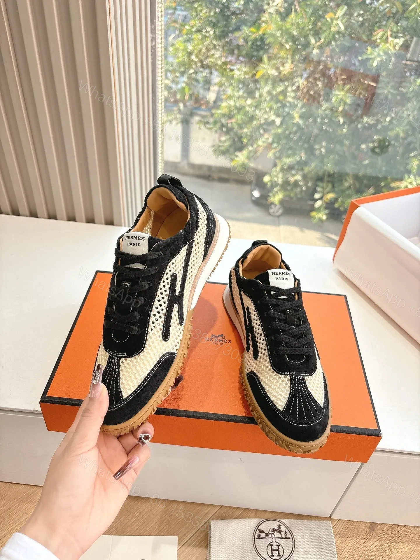 View 6 of Hermes Women Black And White Mesh Sneakers
