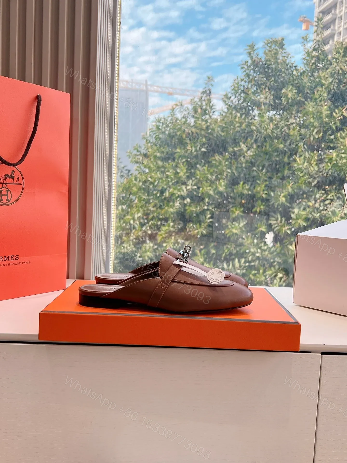 View 2 of Hermes Women Brown Leather Slip On Mules