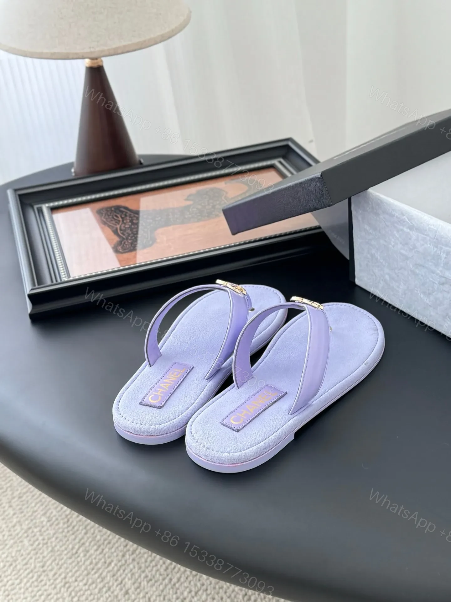 View 3 of Chanel Women Light Purple Leather Slides