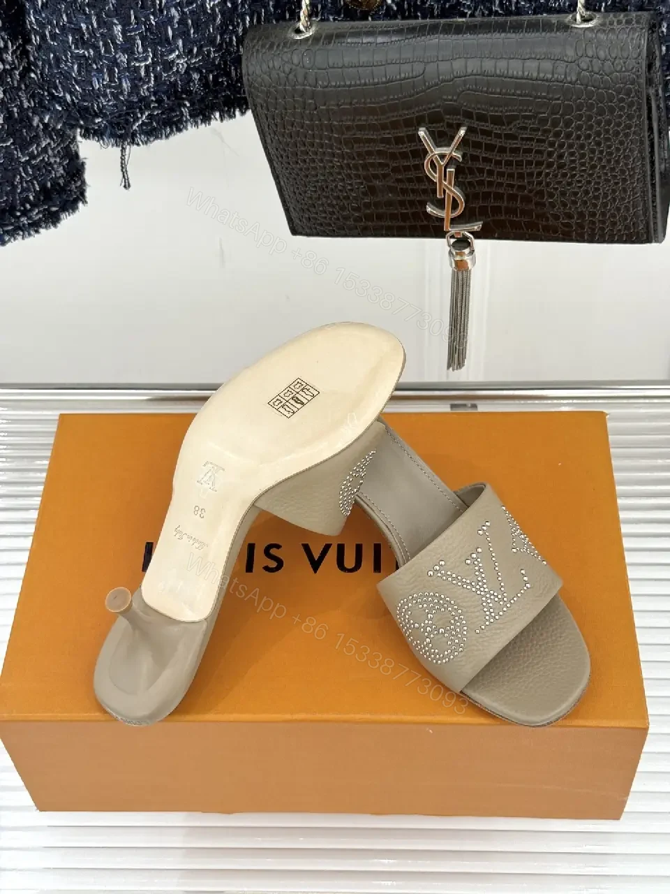 View 3 of Textured Taupe Slip-On Sandals – Lux Comfort, Subtle LV Style