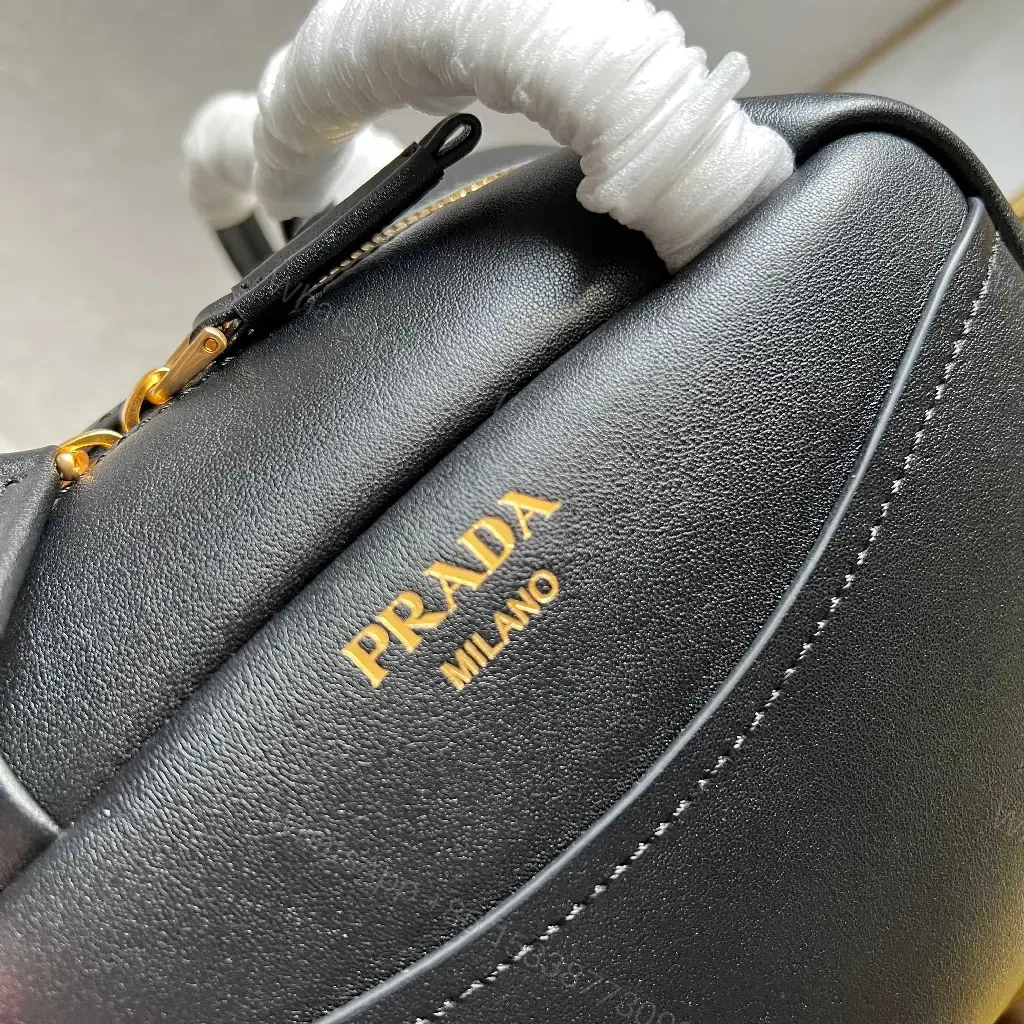 View 7 of Black Leather Structured Handbag with Gold Zipper Pouch - Prada Milano Style