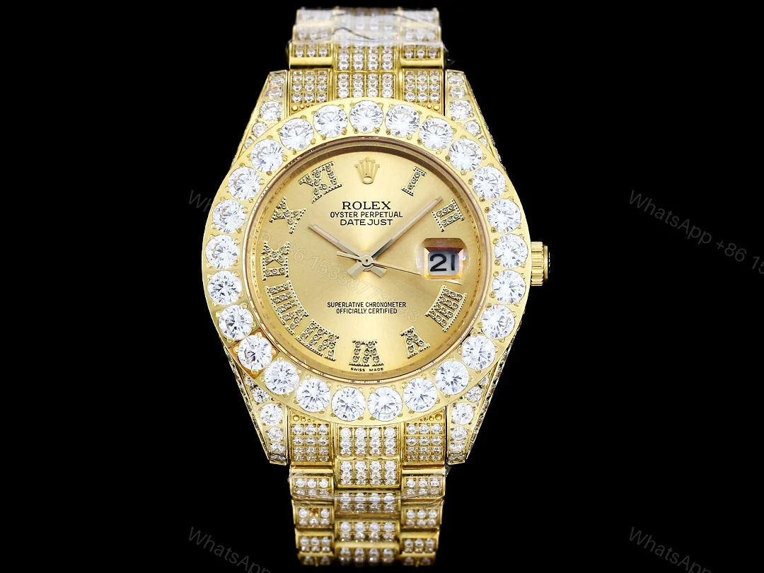 Rolex Day-Date Gold Champagne Iced Replica 42MM Premium Full Gold Bracelet Champagne Dial Edition RG-ROLEX-DD-GOLD-CHAMP-ICED-FULL-42 — view 1