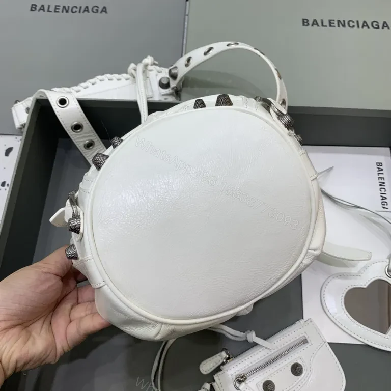 View 6 of White Textured Bucket Bag: Calfskin, Balenciaga-Inspired Luxury Bag