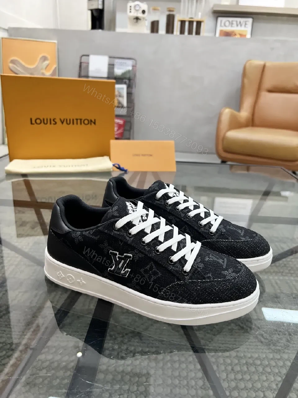 View 8 of Denim-Texture Sneakers with LV-Inspired Embroidery, All-Day Comfort