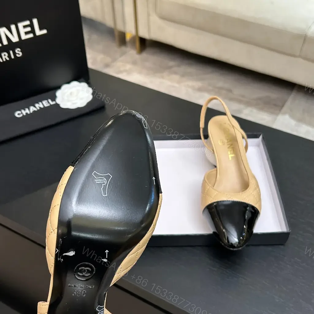View 4 of Quilted Nude Slingback Pumps with Black Cap Toe and Spherical Heel