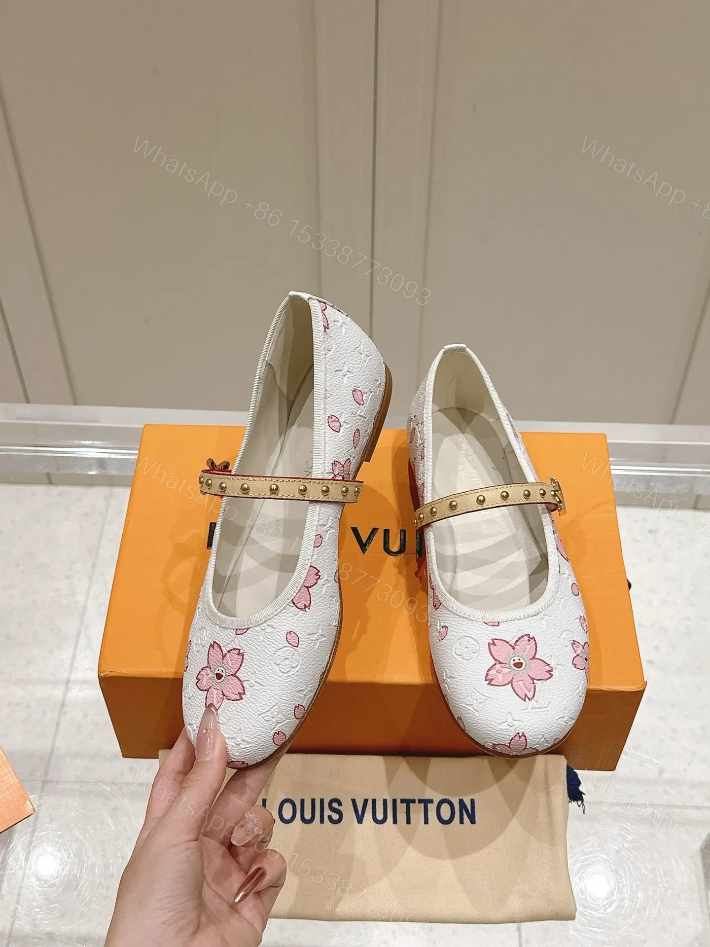 View 4 of LV Women White Leather Pink Floral Mary Janes