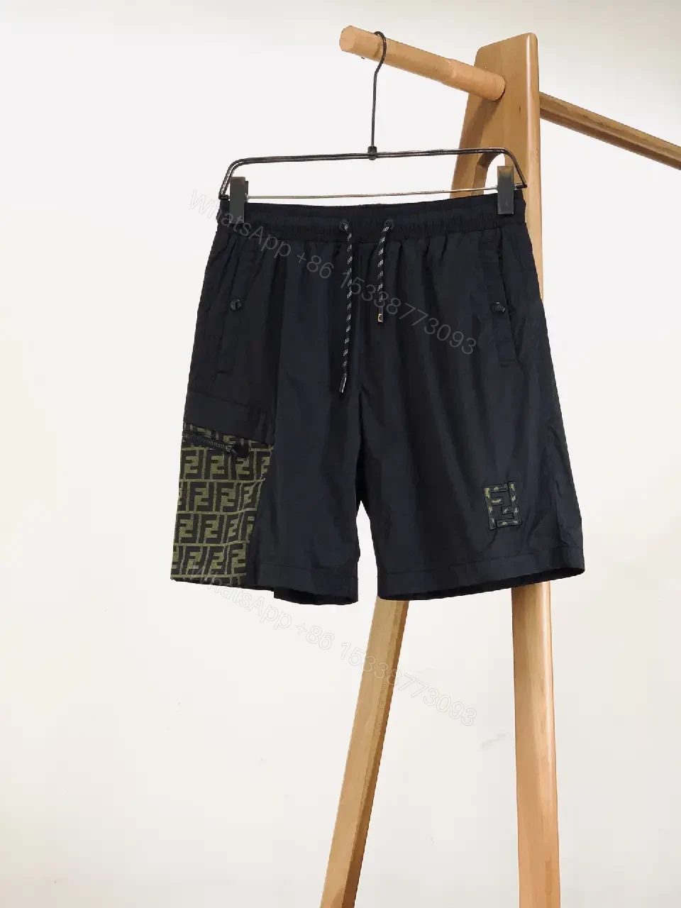 View 5 of Black Nylon Swim Shorts Fendi-Pattern Patch Drawstring Waist Quick-Dry Shorts