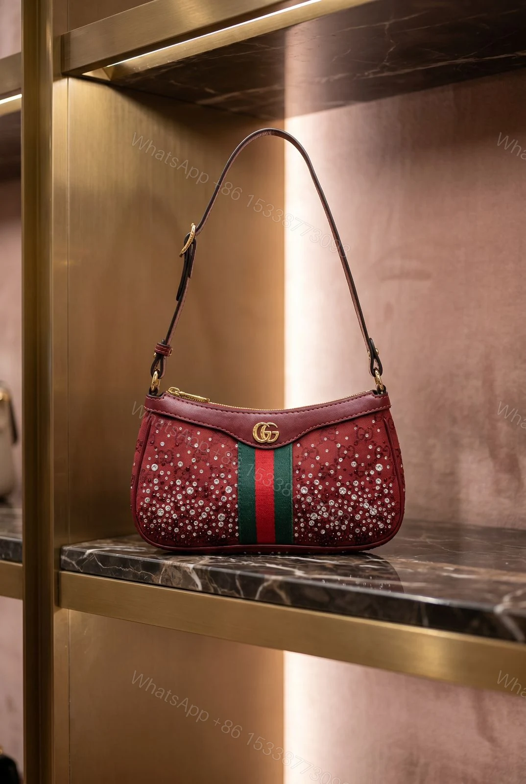 View 2 of Gucci Ophidia Crystal Embellished Leather Shoulder Bag First Copy | 12@ AAA+ Replica