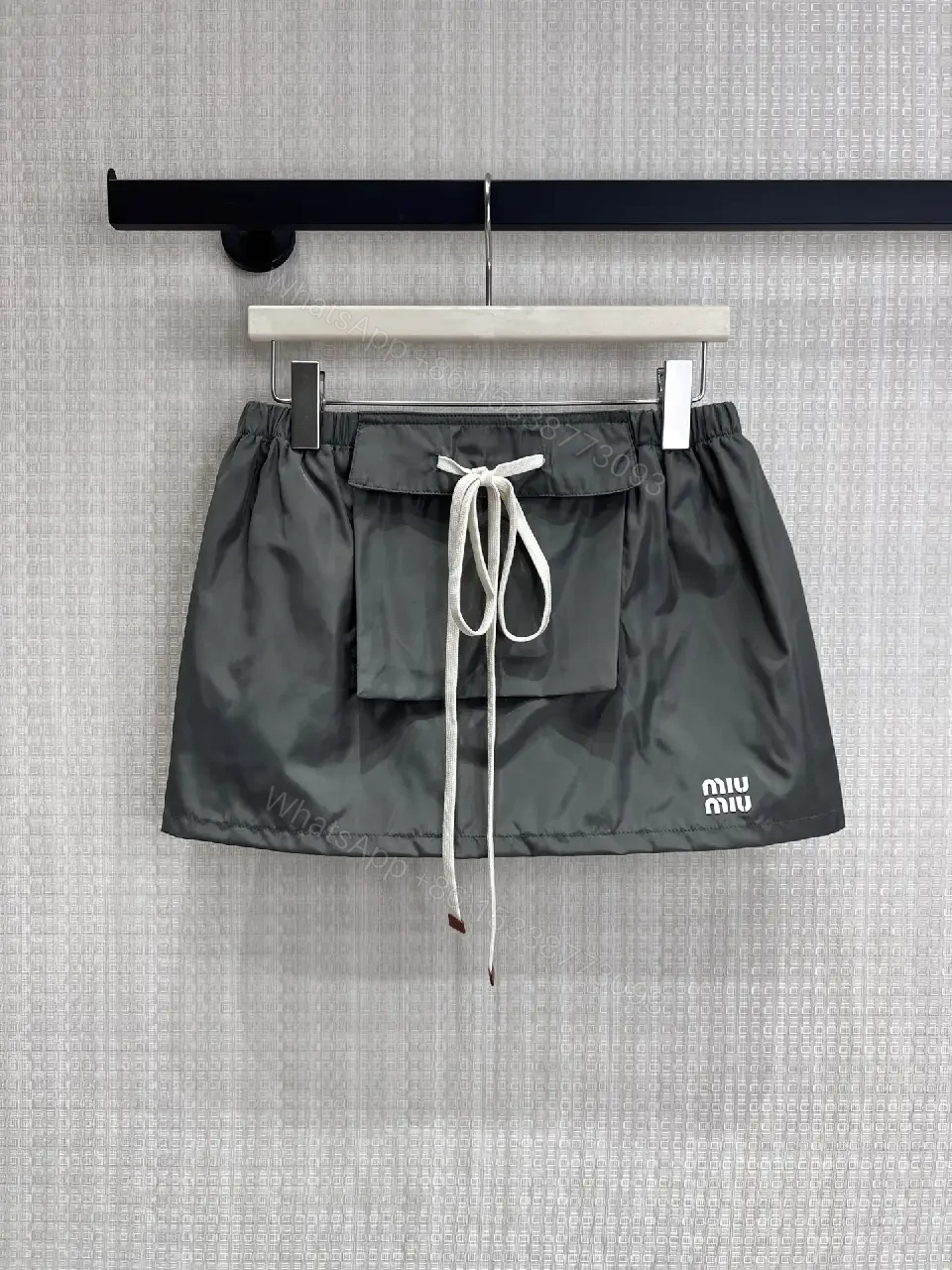 View 3 of Gray Nylon Mini Skirt Drawstring Waist Miu Miu Style Front Patch Pocket Skirt