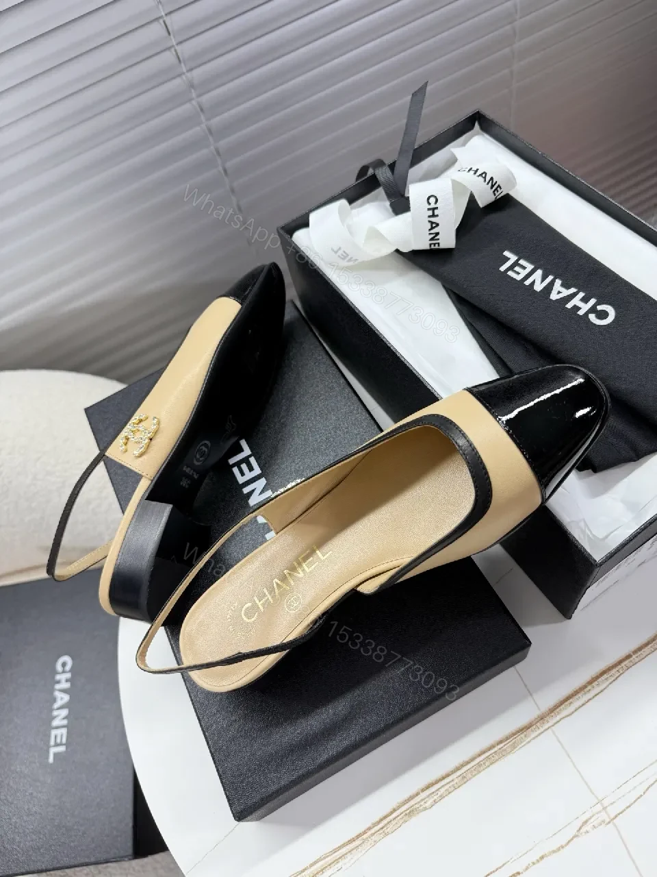 View 4 of Beige Leather Slingback Pumps with Glossy Cap Toe