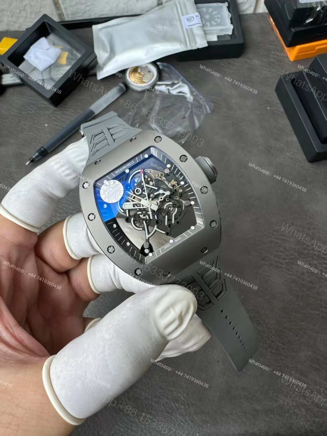 View 3 of Super Clone Richard Mille RM 055 Gray Ceramic Titanium Grey Rubber Strap 1:1 Replica Watch