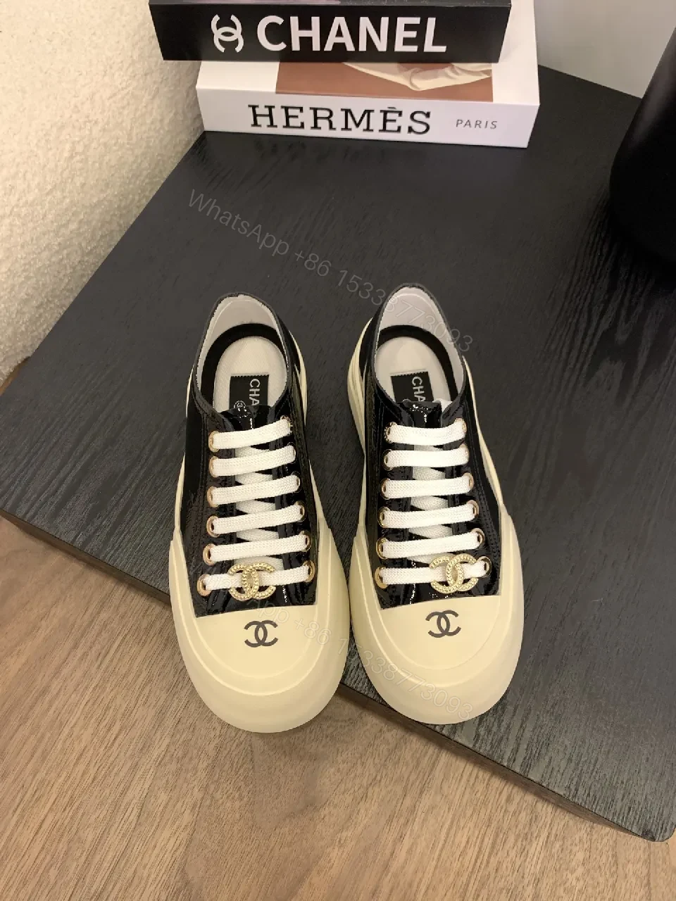 View 6 of Glossy Black Patent Sneaker with Cream Toe Cap - Luxe High-Top