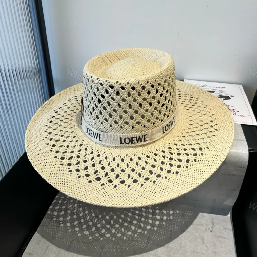 View 4 of Lux Straw Hat with LOEWE Band, Breathable Open-Weave Style