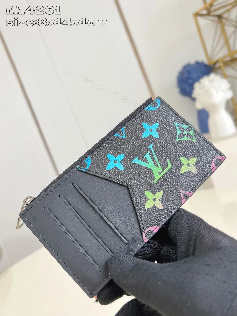 View 4 of Multicolor Monogram Leather Card Case with Zip Pocket