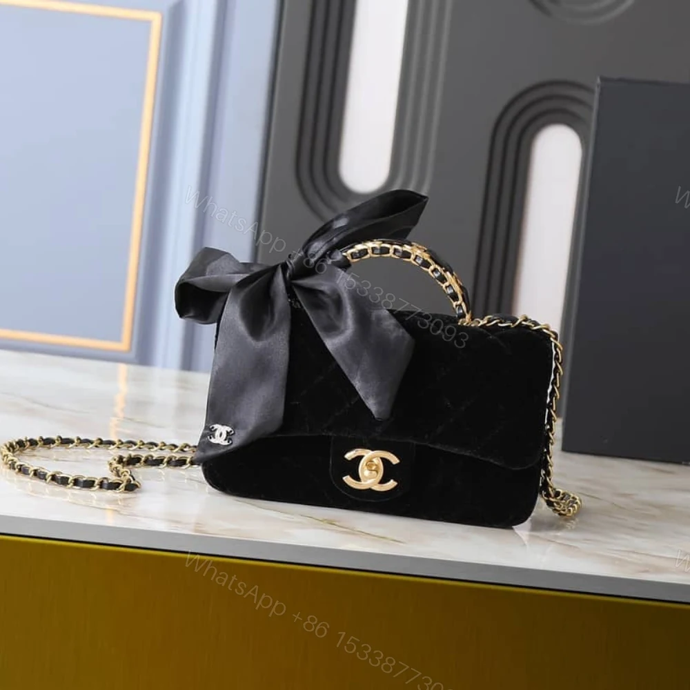 View 2 of Chanel Mini Flap Bag With Top Handle Velvet Silk And Gold Tone Metal Black 20Cm As5875 B22481 94305