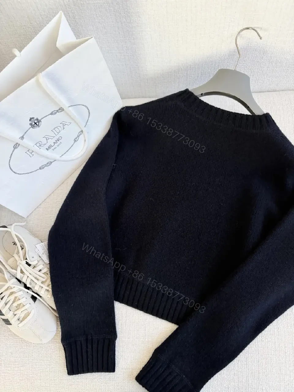 View 8 of Black Knit Logo Crest Luxe Sweater, Relaxed Fit, Premium Knit