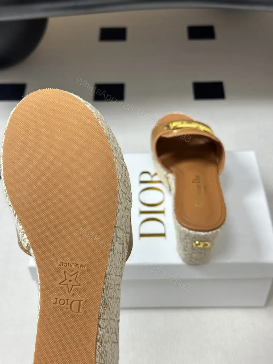 View 6 of Beige Leather Espadrille Wedge Sandals with Gold Buckle, Christian Dior Style