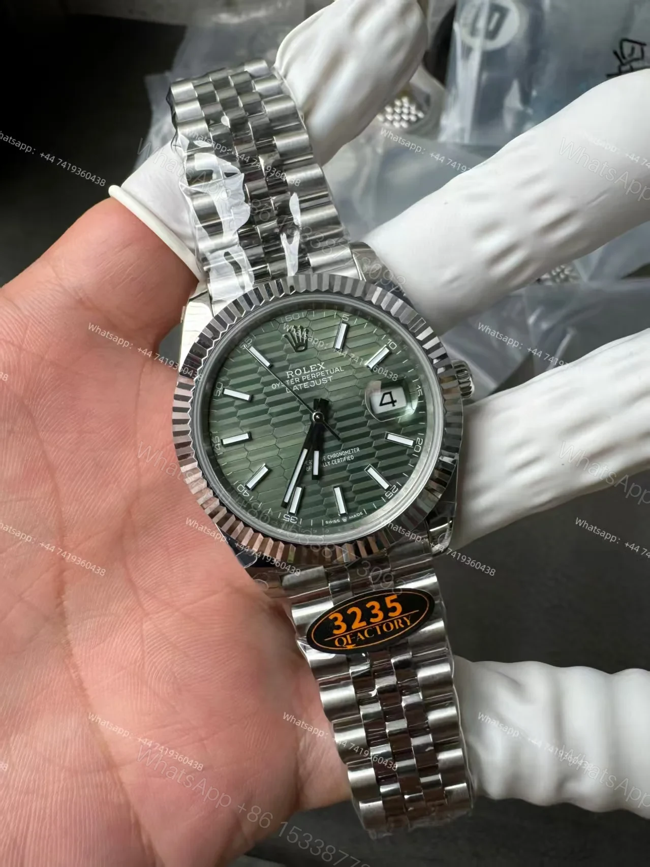 View 9 of Rolex Datejust M126334-0030 Water Ripple Green Dial 1:1 Replica Jubilee 41MM 3235 Movement Super Clone Watch