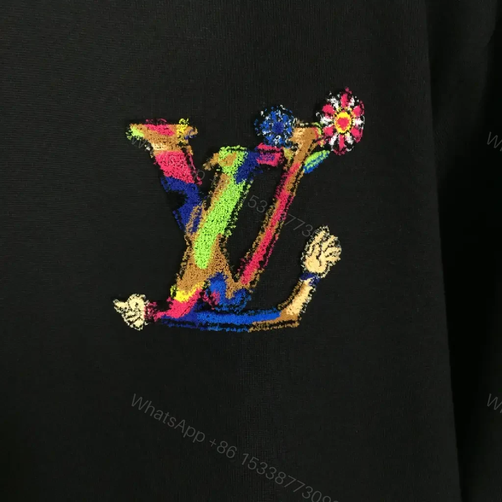 View 5 of Black Cotton Crew-Neck Tee with Multicolor LV Embroidery