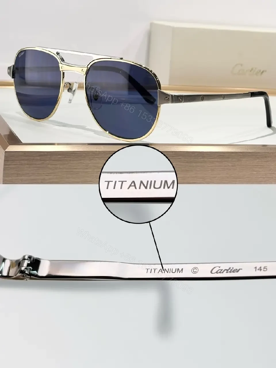 View 4 of Titanium Frame Sunglasses: Luxury Navy Glasses, Subtle Cartier Detail