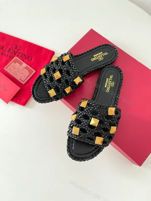 View 9 of Valentino Black Braided Slides with Gold Studs - Luxury Sandal